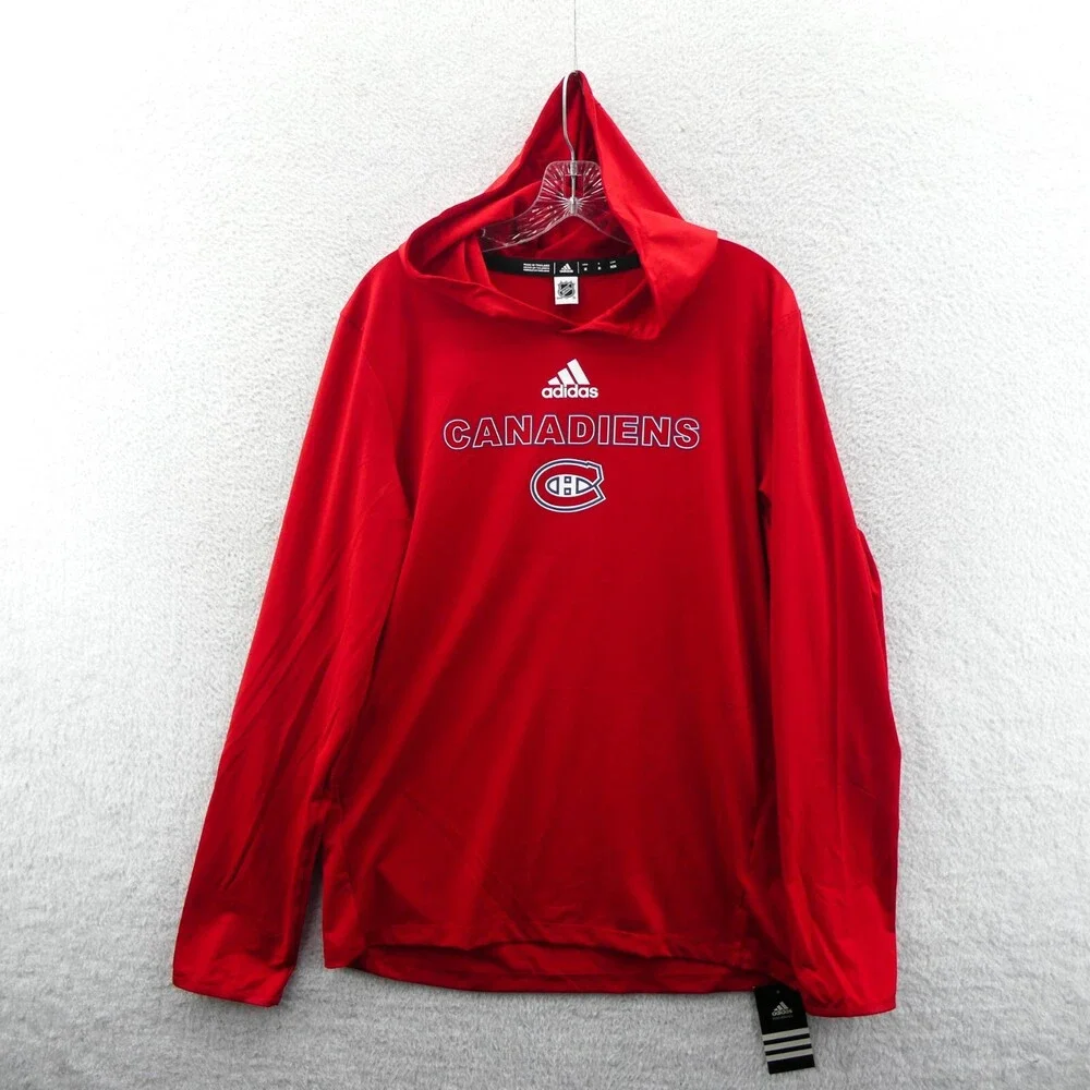Montreal Canadiens Hoodie Shirt Men Medium Red Adidas NHL Hockey Long Sleeve New